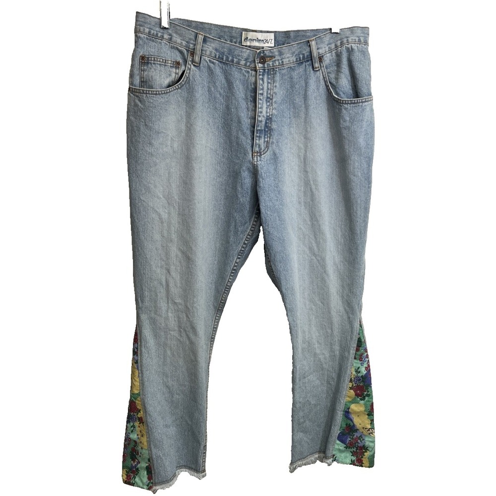Denim 24/7 Women's Jeans Size 20W Blue Floral Bell Inserts Raw Hem